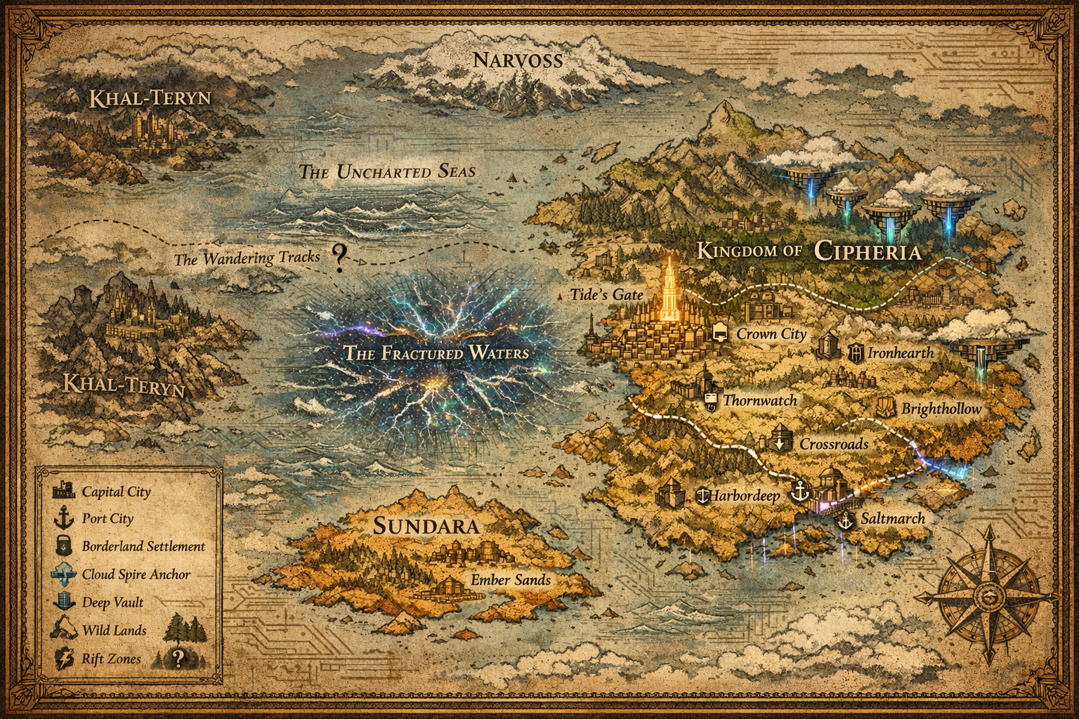 Map of the Known World showing the continents of Valorath, Sundara, Narvoss, and Khal-Teryn